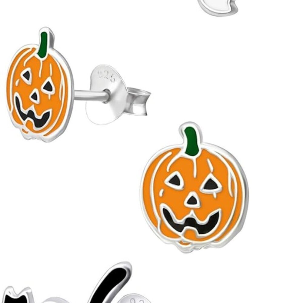 925 Sterling Silver NEW Set of 3 Pairs Halloween Ghost Black Cat and Jack Pumpki